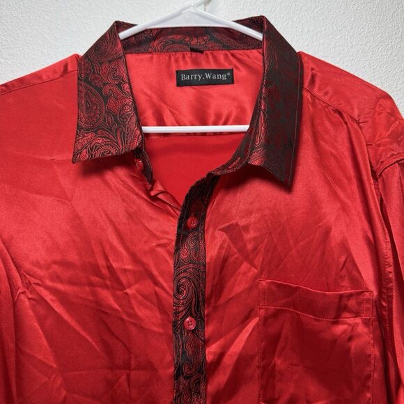 Barry Wang Red Paisley Long Sleeve Button Up Shirt Men's XLarge - Picture 1 of 9